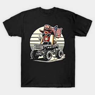 HotDog Riding Monster Truck 4th Of July USA Flag Cute Hotdog T-Shirt